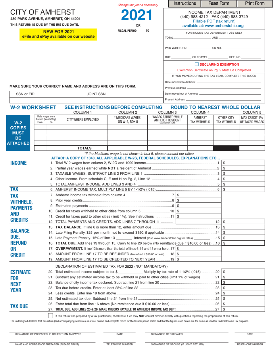Income Tax Form - City of Amherst, Ohio, Page 1