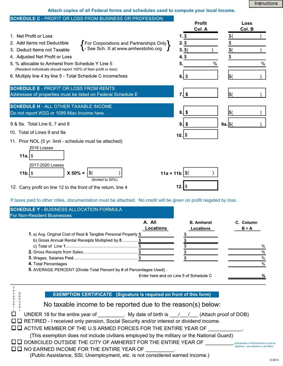 Income Tax Form - City of Amherst, Ohio, Page 2