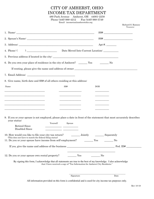 New Resident Questionnaire - City of Amherst, Ohio