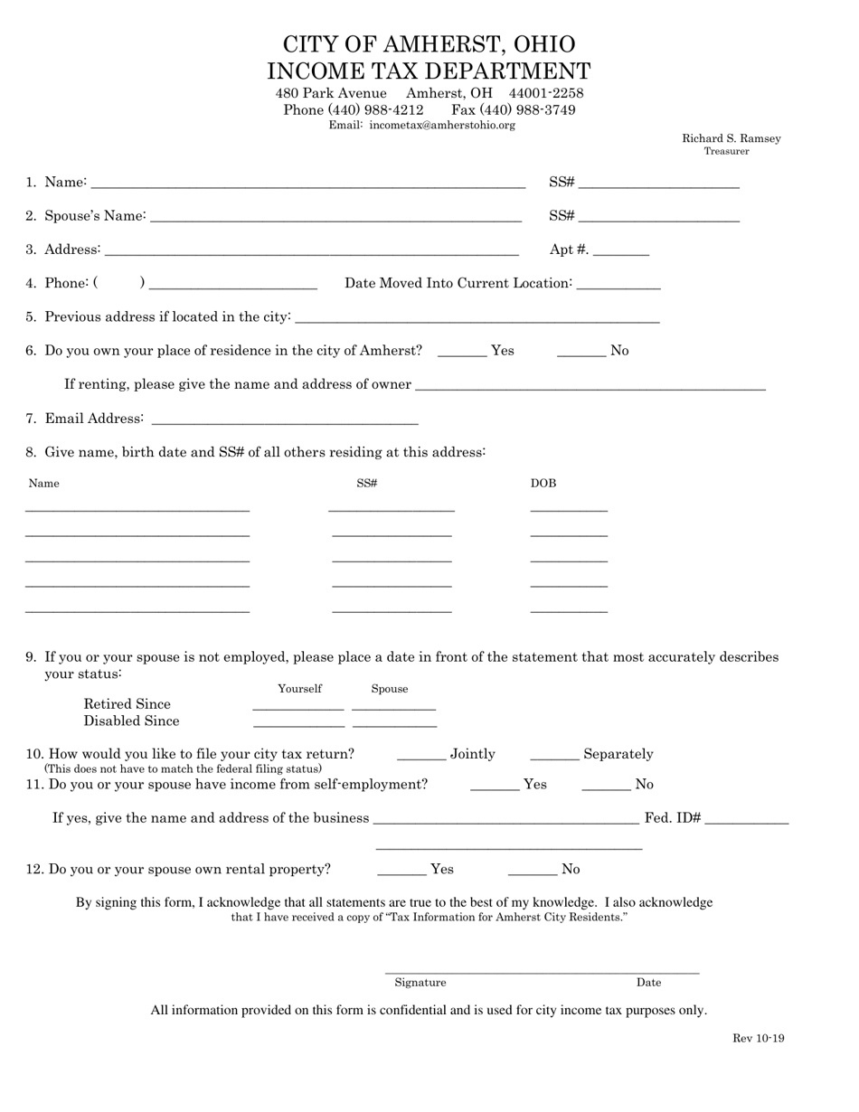 New Resident Questionnaire - City of Amherst, Ohio, Page 1