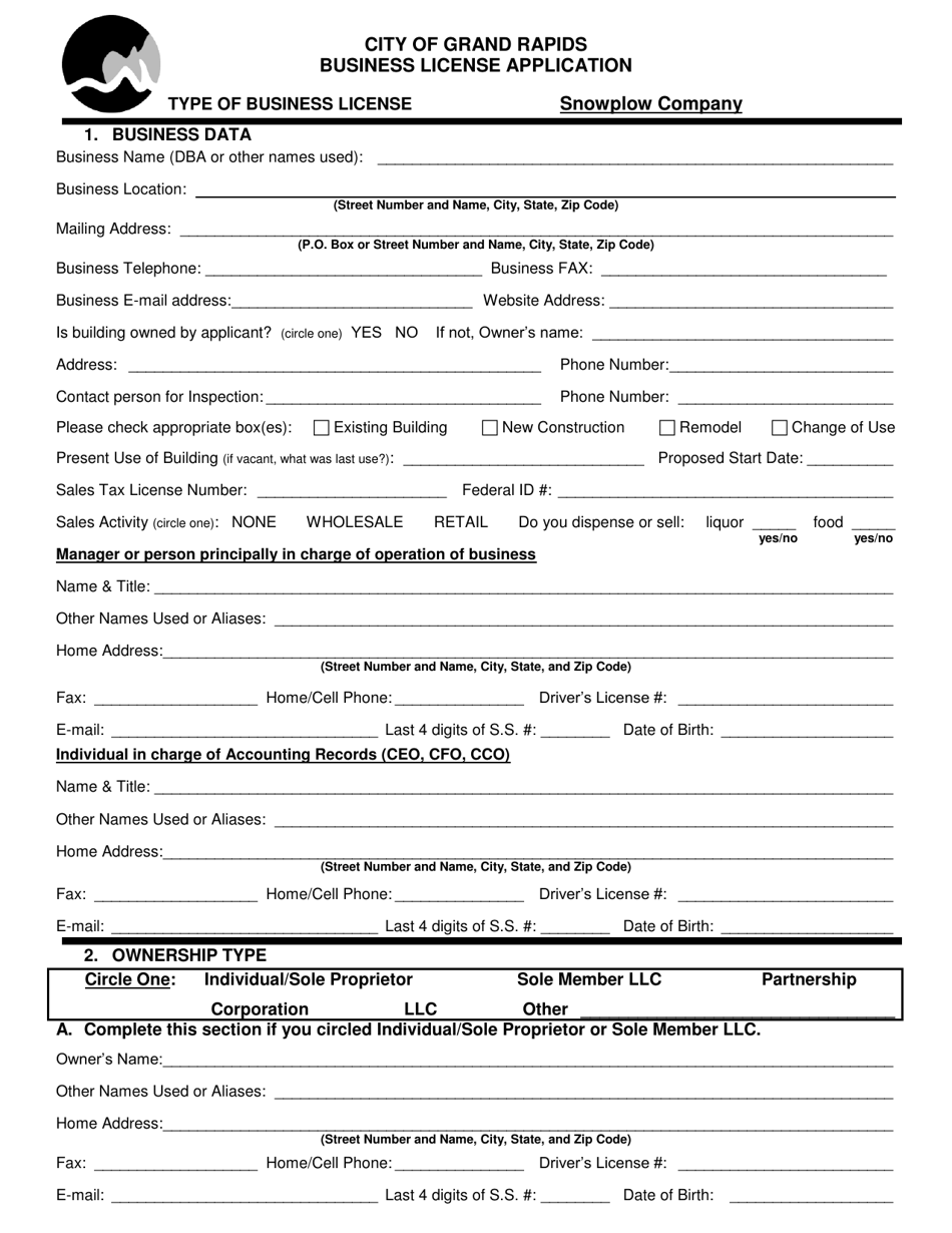 City of Grand Rapids, Michigan Business License Application Snowplow