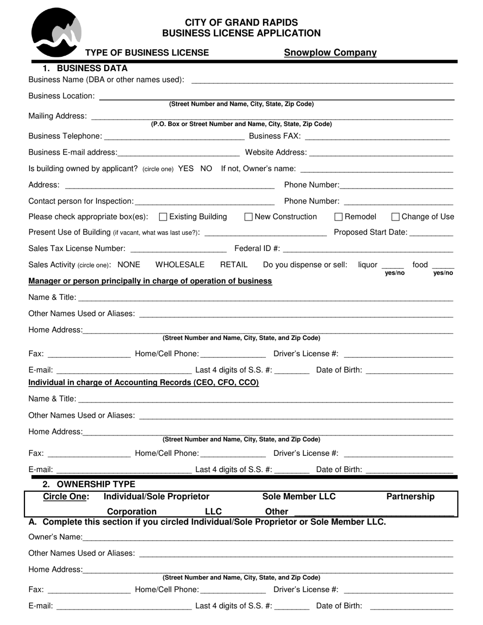 Business License Application - Snowplow Company - City of Grand Rapids, Michigan, Page 1