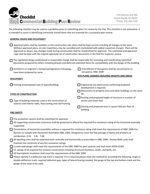 Commercial Building Plan Review Checklist - City of Grand Rapids, Michigan Download Pdf