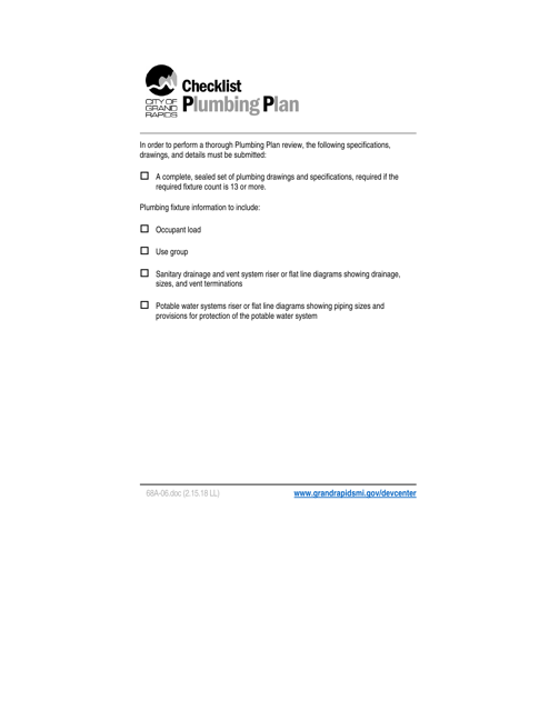 Form 68A-06 Plumbing Plan Checklist - City of Grand Rapids, Michigan