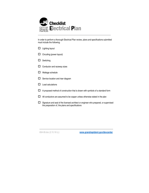 Form 69A-06 Electrical Plan Checklist - City of Grand Rapids, Michigan
