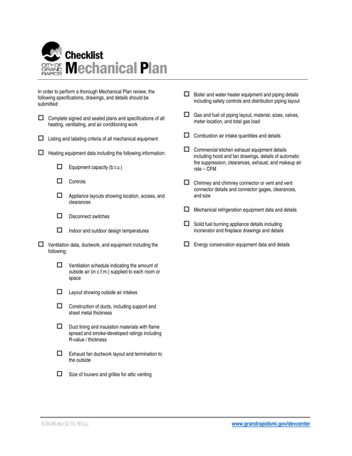 Form 67A-06 Mechanical Plan Checklist - City of Grand Rapids, Michigan
