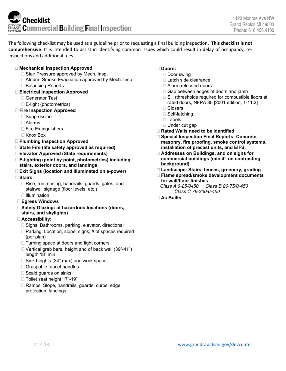 Commercial Building Final Inspection Checklist - City of Grand Rapids, Michigan, Page 1