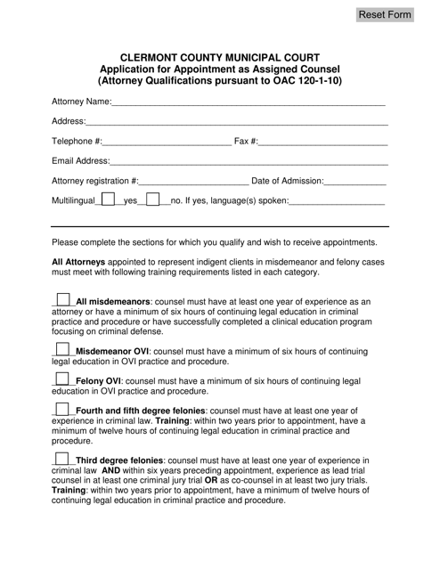 Application for Appointment as Assigned Counsel - Clermont County, Ohio Download Pdf