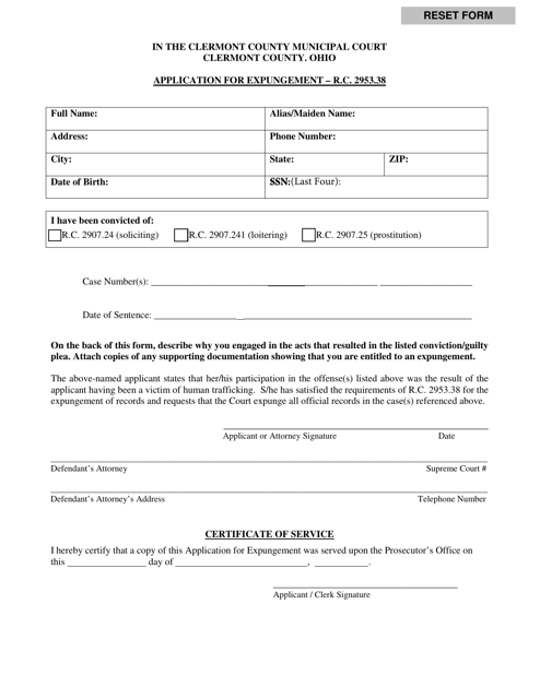 Application for Expungement - Clermont County, Ohio Download Pdf