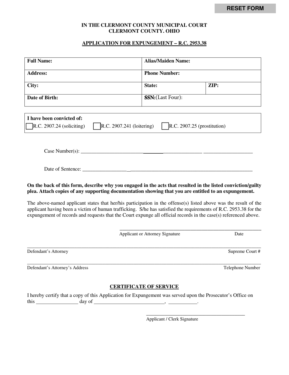 Application for Expungement - Clermont County, Ohio, Page 1