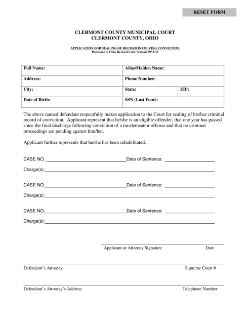 Application for Sealing of Record Involving Conviction - Clermont County, Ohio