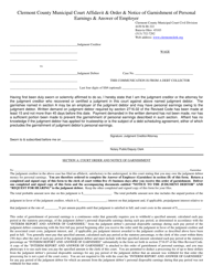 &quot;Affidavit &amp; Order &amp; Notice of Garnishment of Personal Earnings &amp; Answer of Employer&quot; - Village of Batavia, Ohio