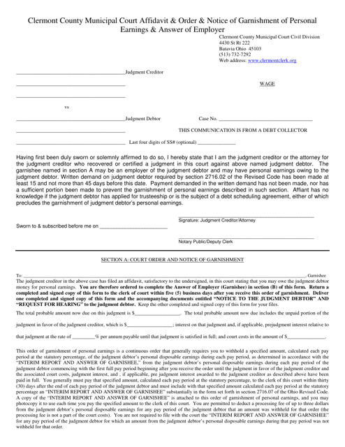 Affidavit & Order & Notice of Garnishment of Personal Earnings & Answer of Employer - Village of Batavia, Ohio