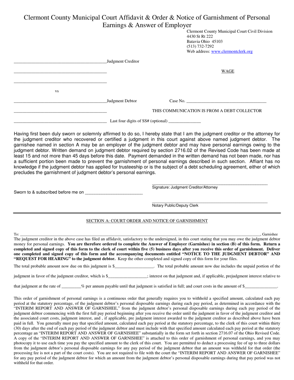 Affidavit  Order  Notice of Garnishment of Personal Earnings  Answer of Employer - Village of Batavia, Ohio, Page 1