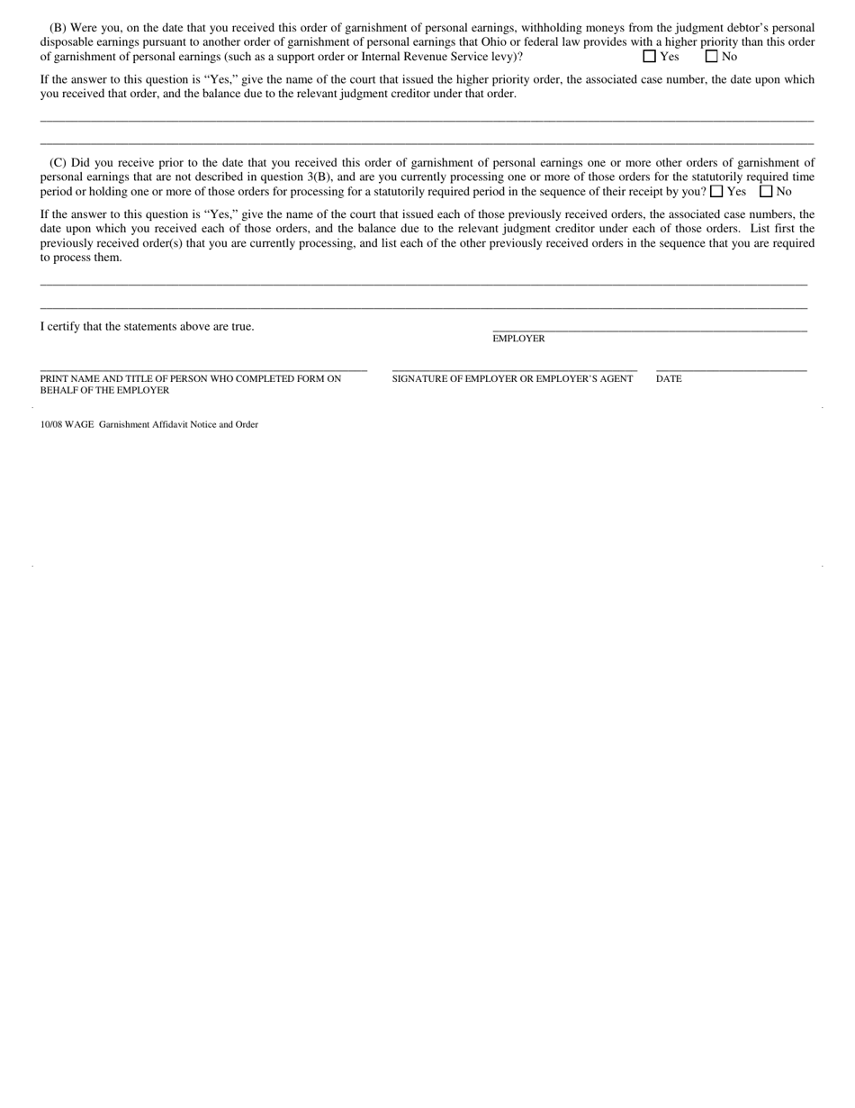 Affidavit  Order  Notice of Garnishment of Personal Earnings  Answer of Employer - Village of Batavia, Ohio, Page 3