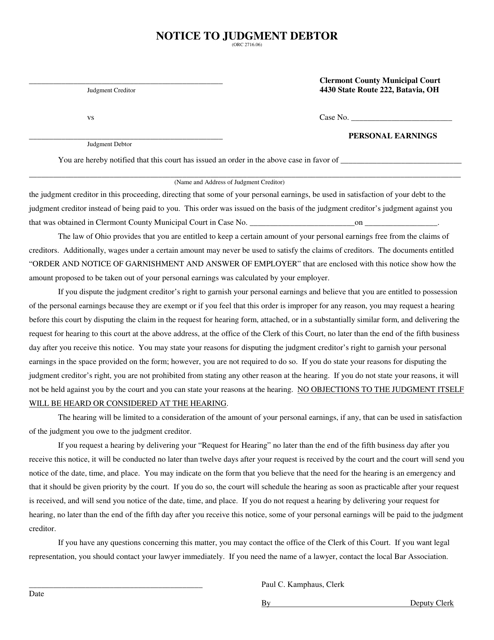 Notice to Judgment Debtor of Garnishment of Personal Earnings - Village of Batavia, Ohio Download Pdf
