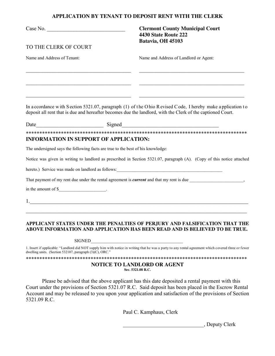 Application by Tenant to Deposit Rent With the Clerk - Village of Batavia, Ohio, Page 1