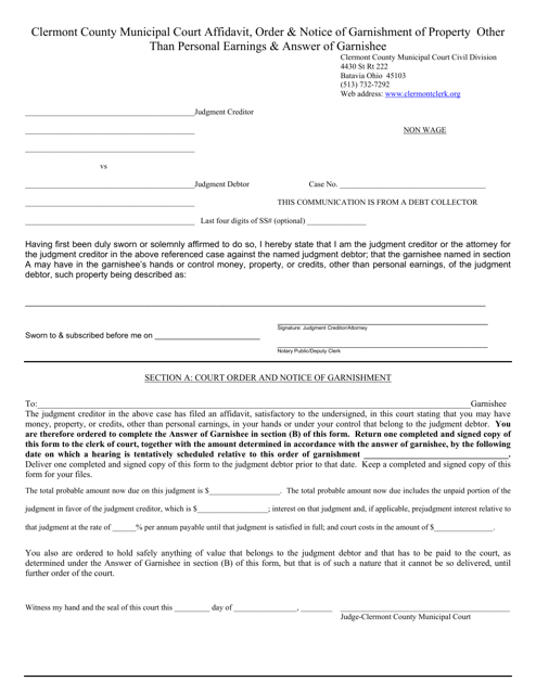 Affidavit, Order & Notice of Garnishment of Property Other Than Personal Earnings & Answer of Garnishee - Village of Batavia, Ohio Download Pdf