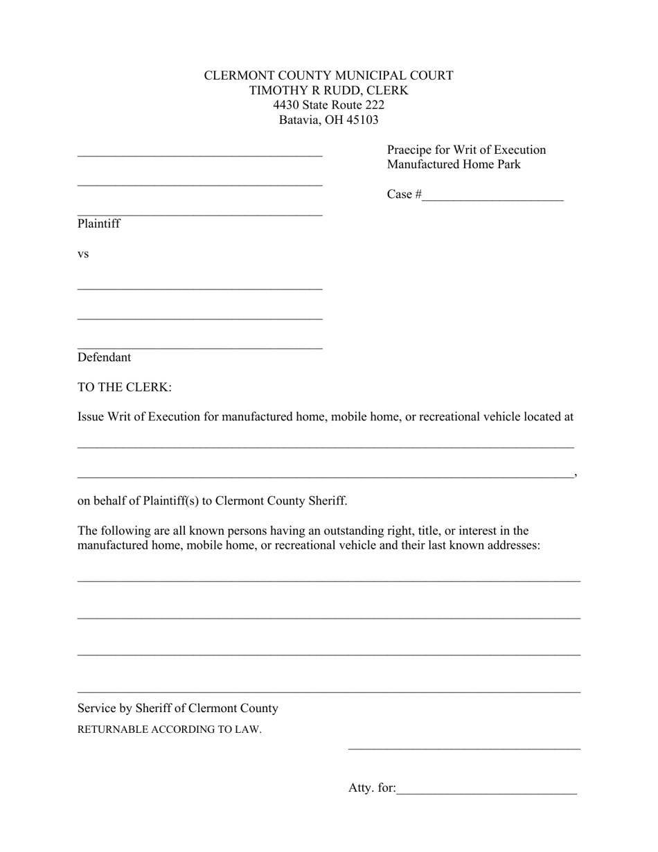Writ of Execution Manufactured Home Park - Clermont County, Ohio, Page 3