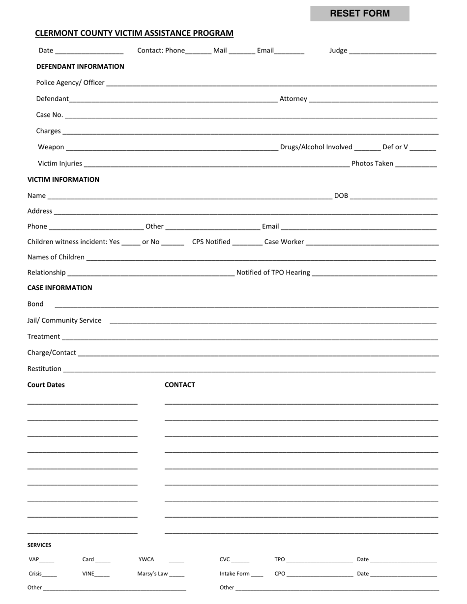 Victim / Witness Form - Victim Assistance Program - Clermont County, Ohio, Page 1