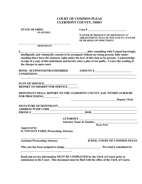 Document preview: Waiver of Presence of Defendant at Arraignment; Plea of Not Guilty; Waiver of Reading of Indictment - Clermont County, Ohio