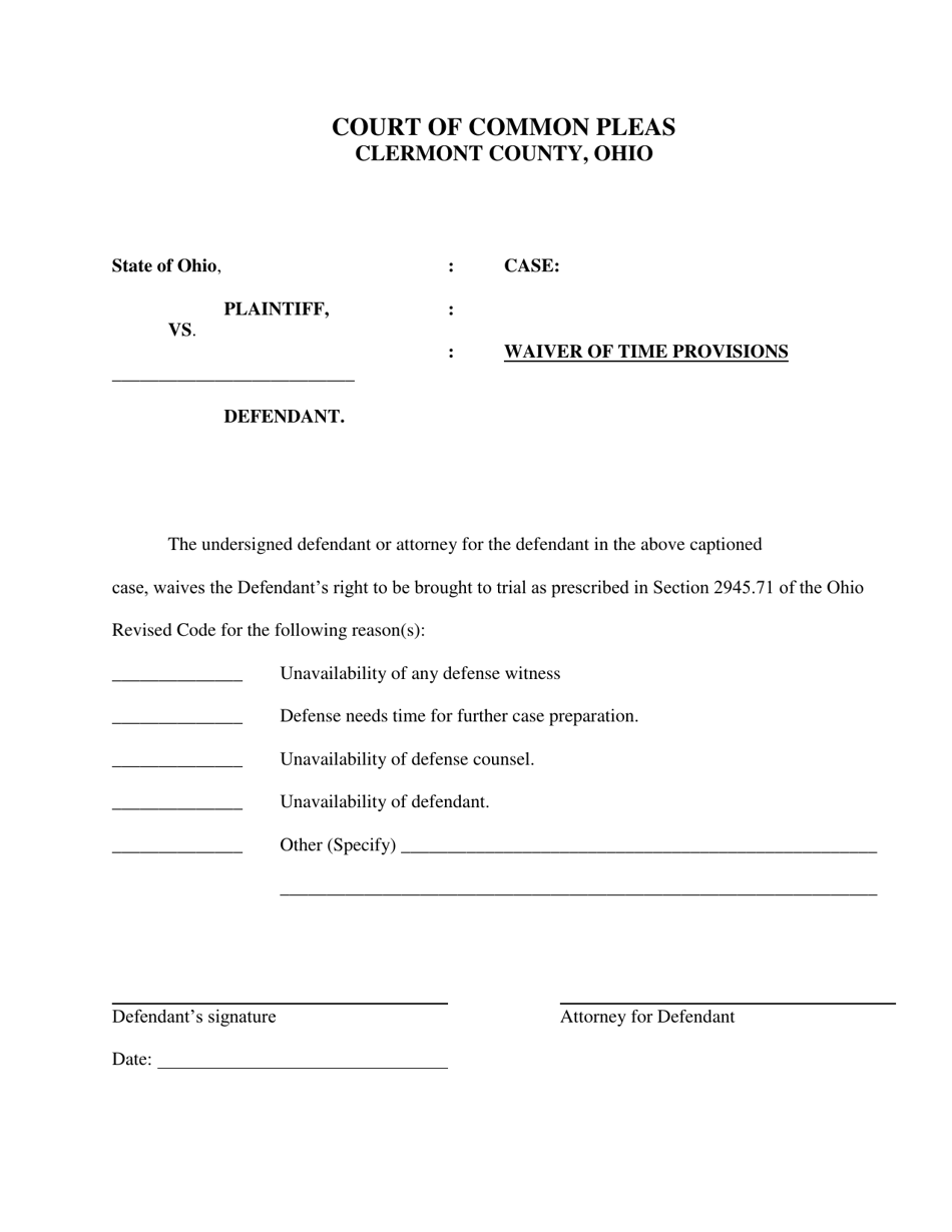 Waiver of Time Provisions - Clermont County, Ohio, Page 1