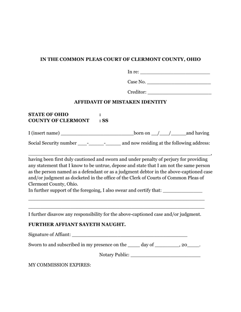 Affidavit of Mistaken Identity - Clermont County, Ohio Download Pdf