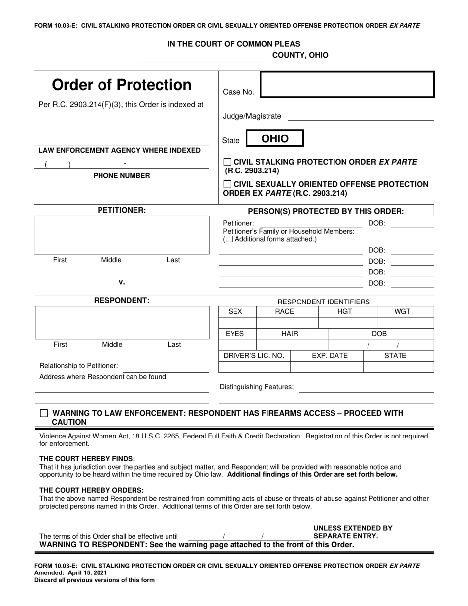 Form 10.03-E Civil Stalking Protection Order or Civil Sexually Oriented Offense Protection Order Ex Parte - Clermont county, Ohio, Page 1