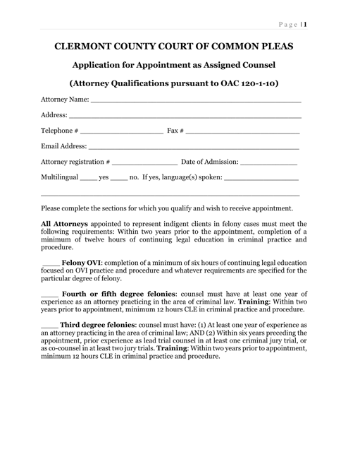 Application for Appointment as Assigned Counsel - Clermont County, Ohio Download Pdf
