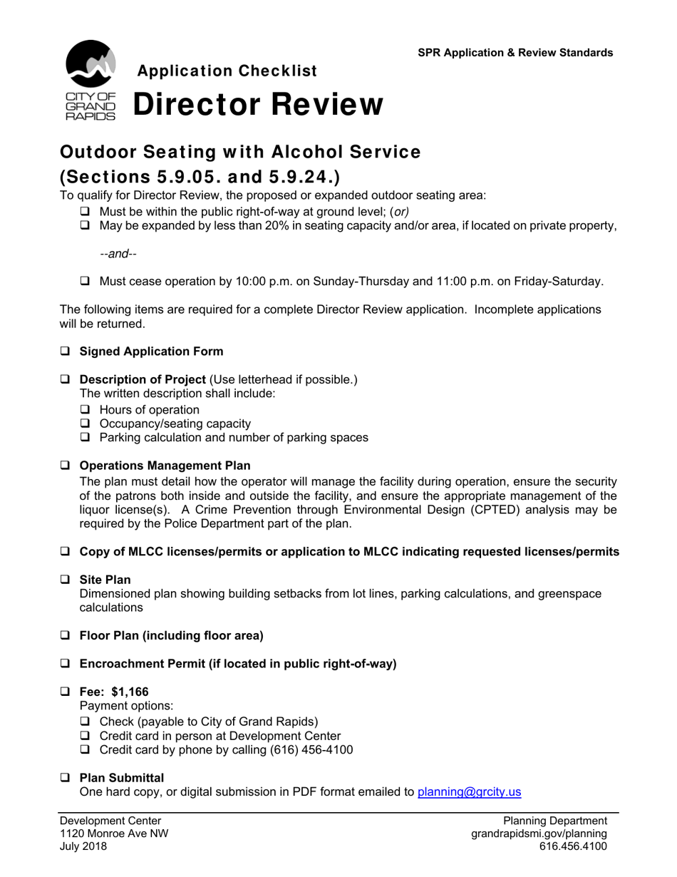 Director Review Application Checklist - Outdoor Seating With Alcohol Service (Sections 5.9.05. and 5.9.24.) - City of Grand Rapids, Michigan, Page 1