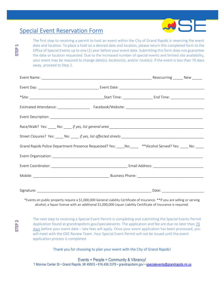Special Event Reservation Form - City of Grand Rapids, Michigan, Page 1