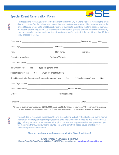 Special Event Reservation Form - City of Grand Rapids, Michigan Download Pdf