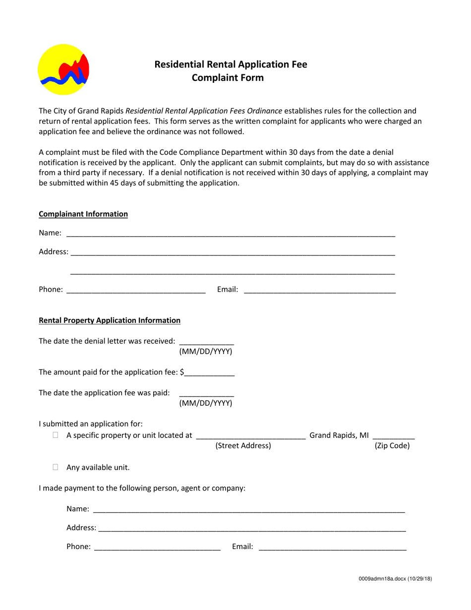 Residential Rental Application Fee Complaint Form - City of Grand Rapids, Michigan, Page 1