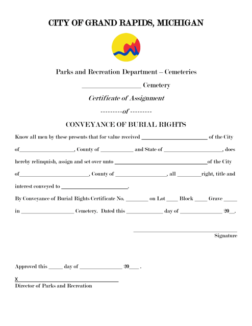 Certificate of Assignment of Conveyance of Burial Rights - City of Grand Rapids, Michigan