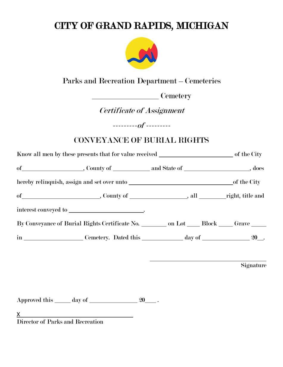 Certificate of Assignment of Conveyance of Burial Rights - City of Grand Rapids, Michigan, Page 1