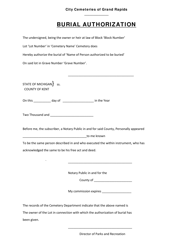 Document preview: Burial Authorization - City of Grand Rapids, Michigan