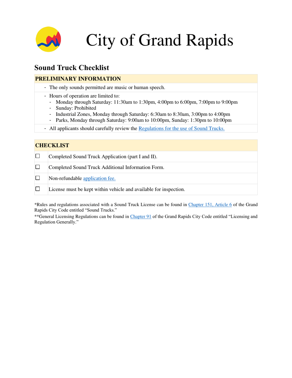 Sound Truck Checklist - City of Grand Rapids, Michigan, Page 1