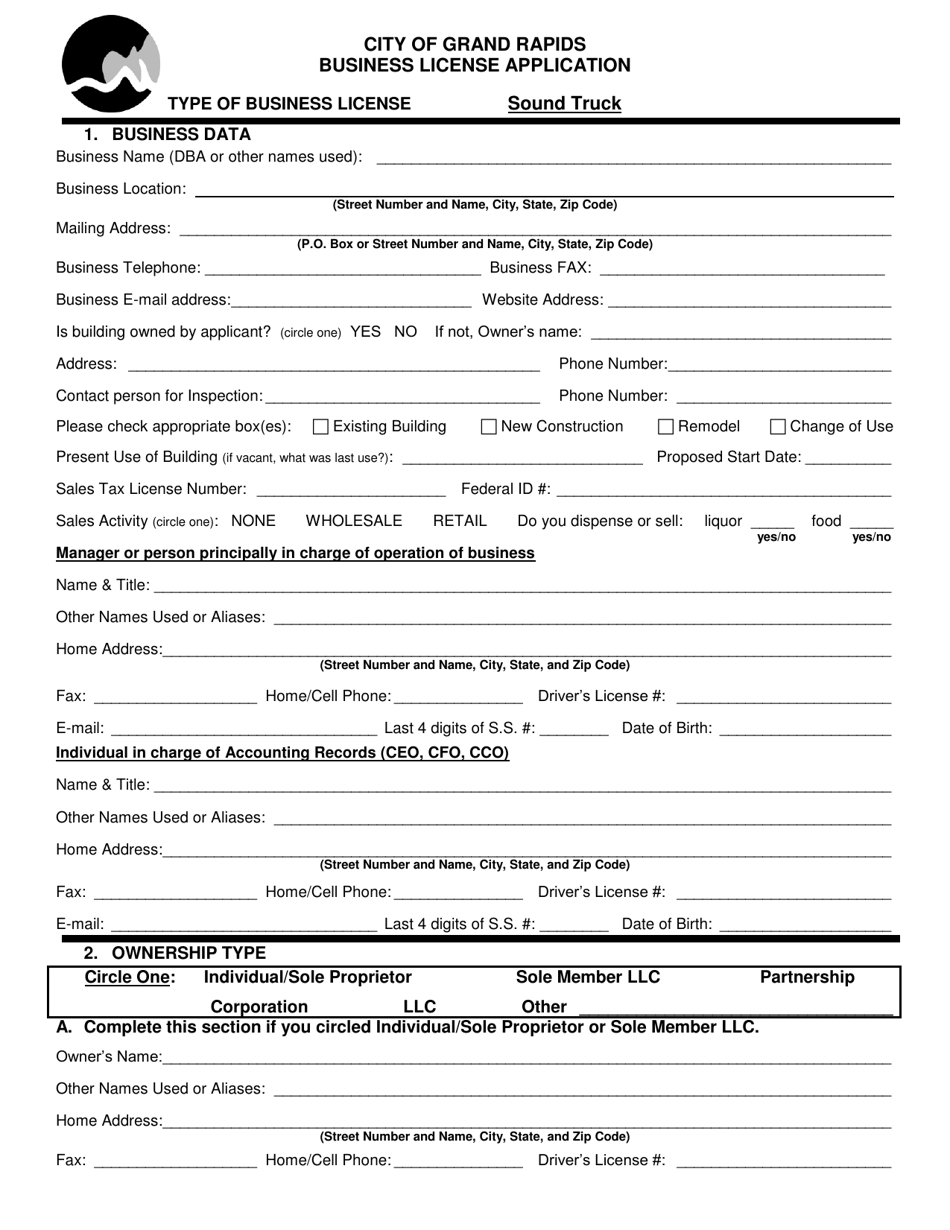 Business License Application - Sound Truck - City of Grand Rapids, Michigan, Page 1