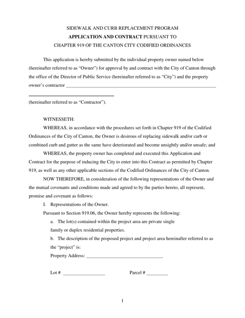 Application and Contract Pursuant to Chapter 919 of the Canton City Codified Ordinances - Sidewalk and Curb Replacement Program - City of Canton, Ohio Download Pdf