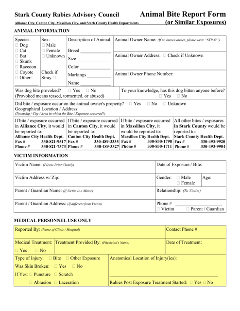 Animal Bite Report Form (Or Similar Exposures) - City of Canton, Ohio Download Pdf