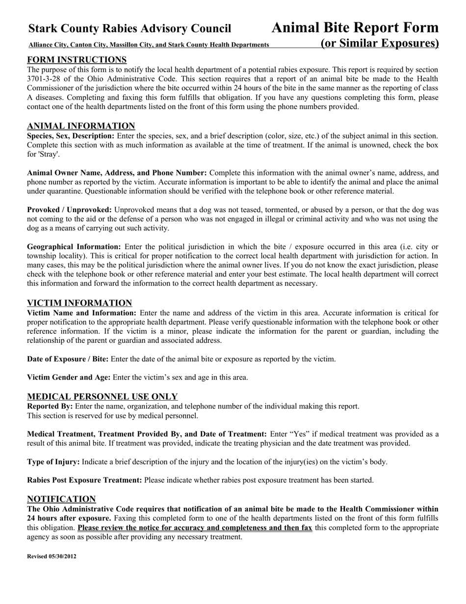 Animal Bite Report Form (Or Similar Exposures) - City of Canton, Ohio, Page 2