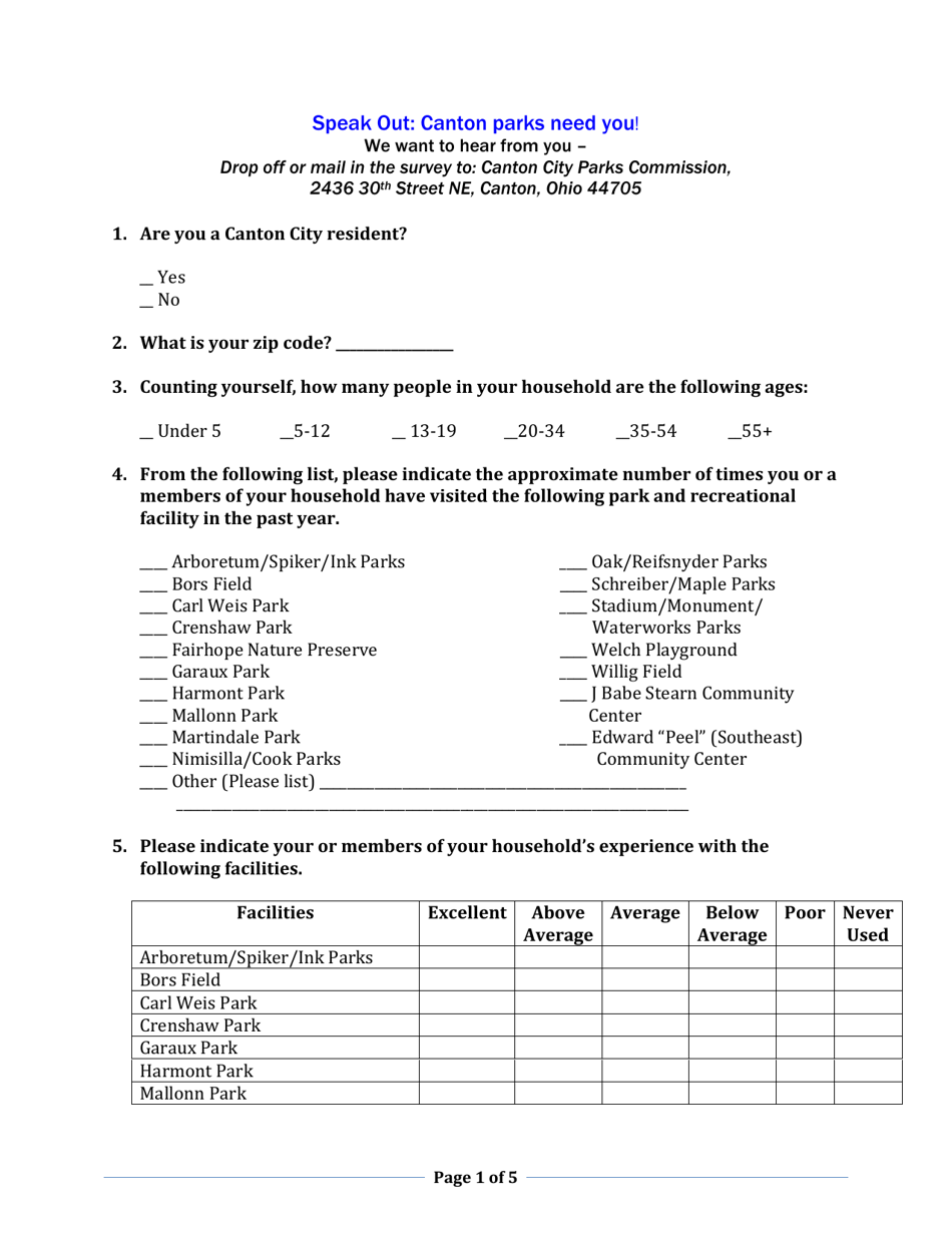 Parks Survey - City of Canton, Ohio, Page 1