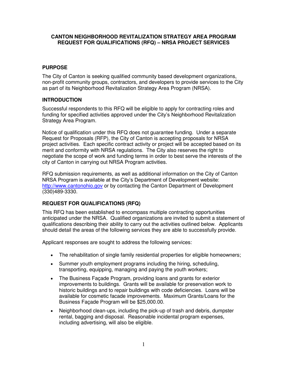Request for Qualifications - Neighborhood Revitalization Strategy Area Program - City of Canton, Ohio, Page 1