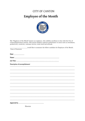 Document preview: Employee of the Month Nomination Form - City of Canton, Ohio