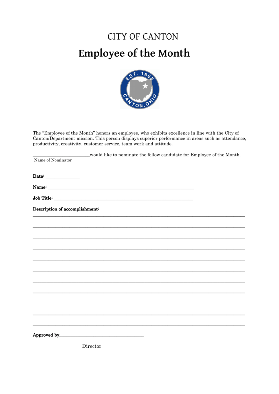 Employee of the Month Nomination Form - City of Canton, Ohio, Page 1