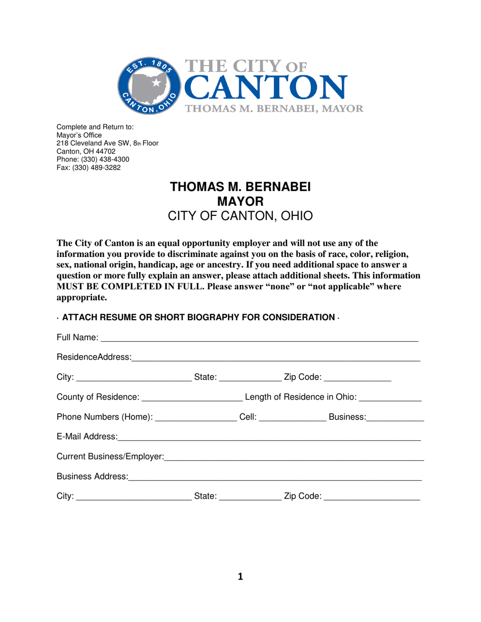 City of Canton, Ohio Board and Commission Application Fill Out, Sign