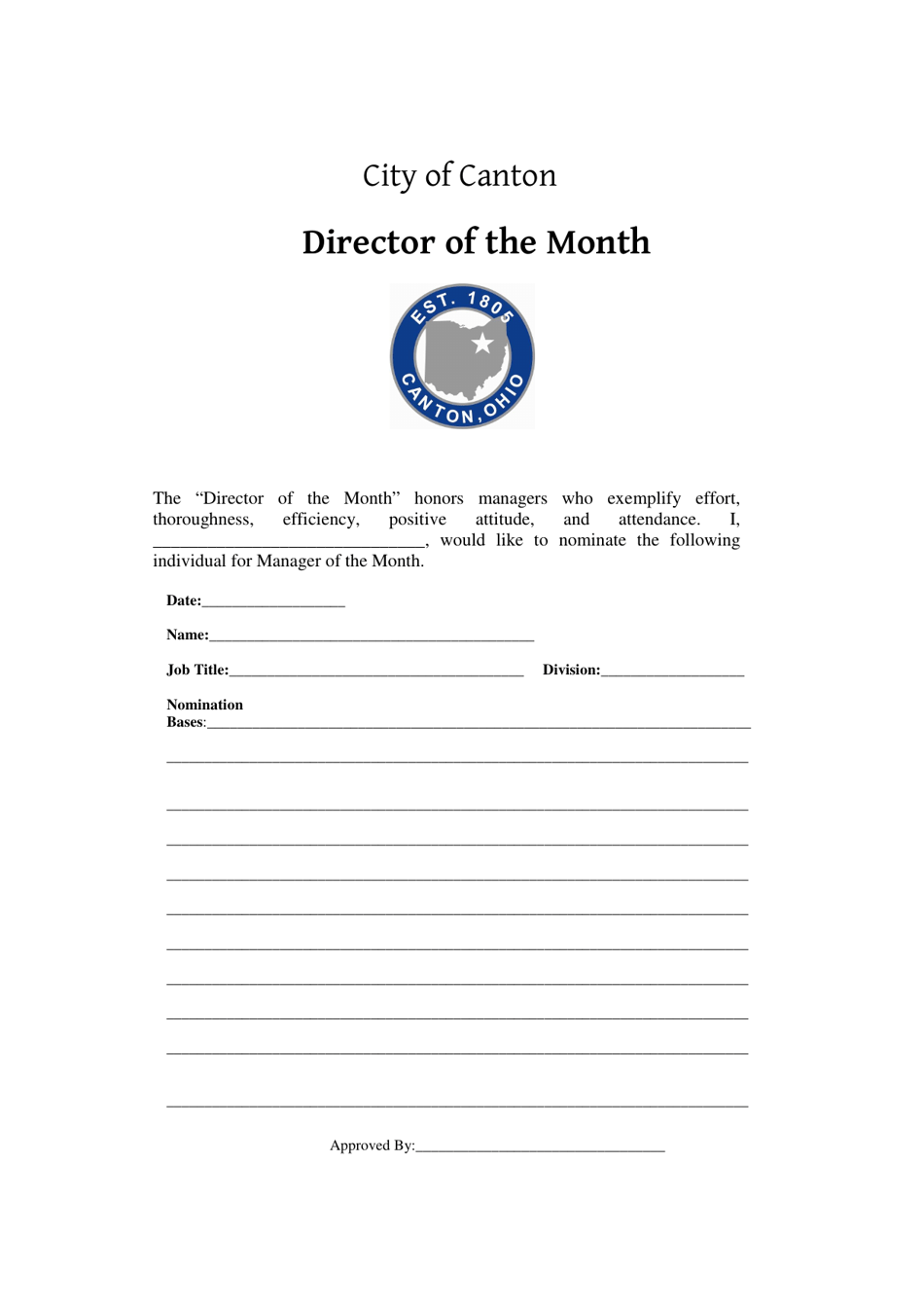 City of Canton, Ohio Director of the Month Nomination Form Fill Out