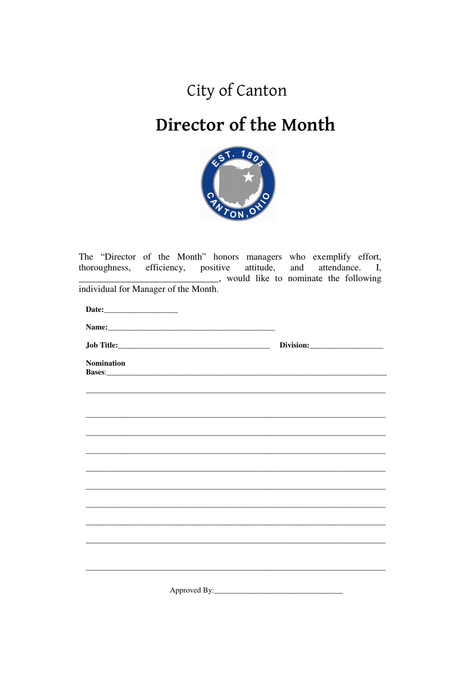 Director of the Month Nomination Form - City of Canton, Ohio, Page 1