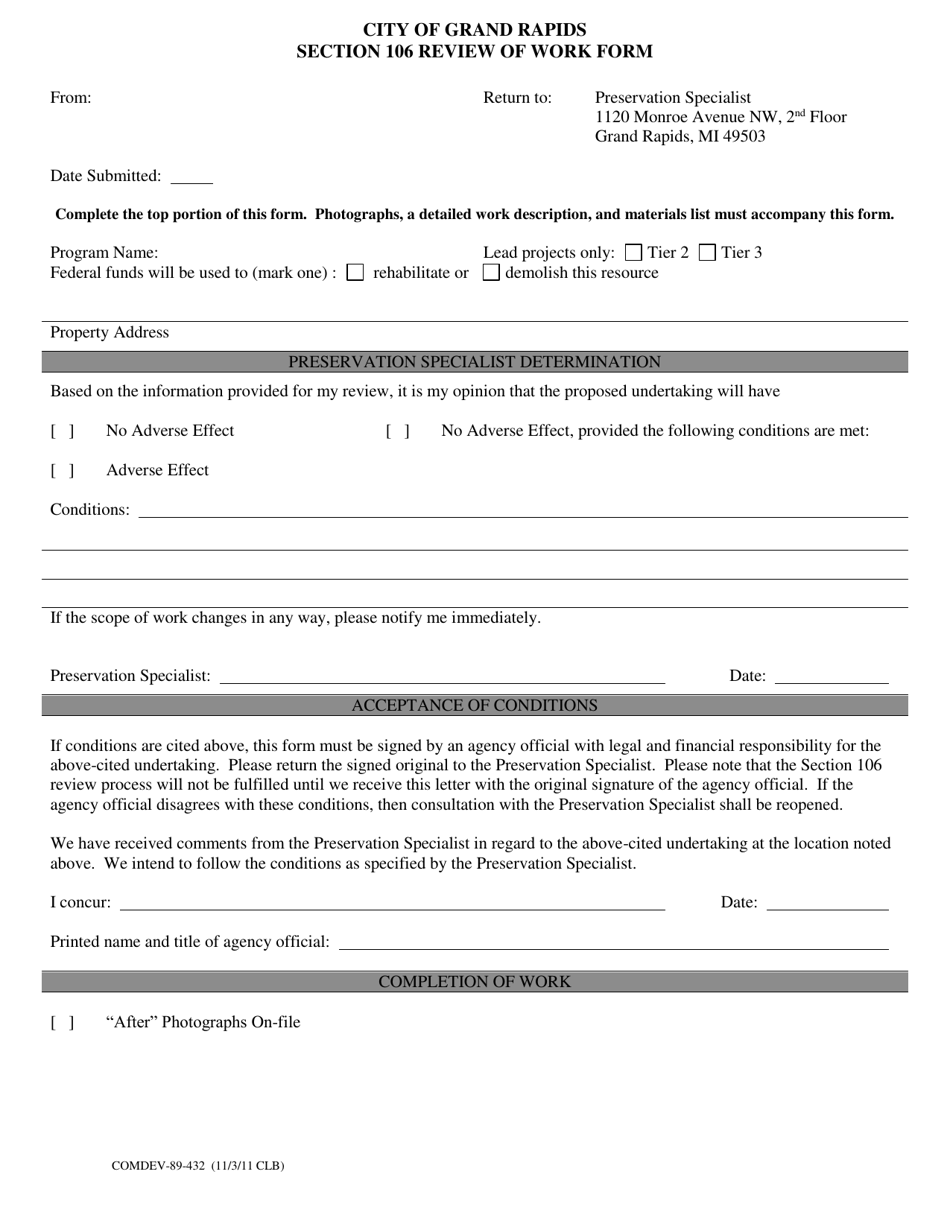 Form COMDEV-89-432 Section 106 Review of Work Form - City of Grand Rapids, Michigan, Page 1