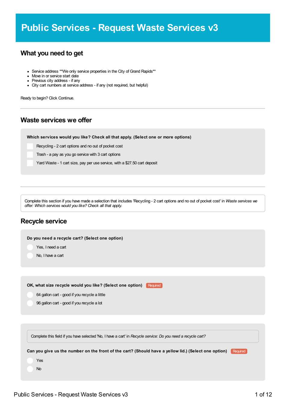 City of Grand Rapids, Michigan Waste Services Request Fill Out, Sign